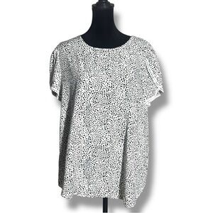 Fashion Women Large Black & White Speckle Print Short Sleeve White Trim Blouse